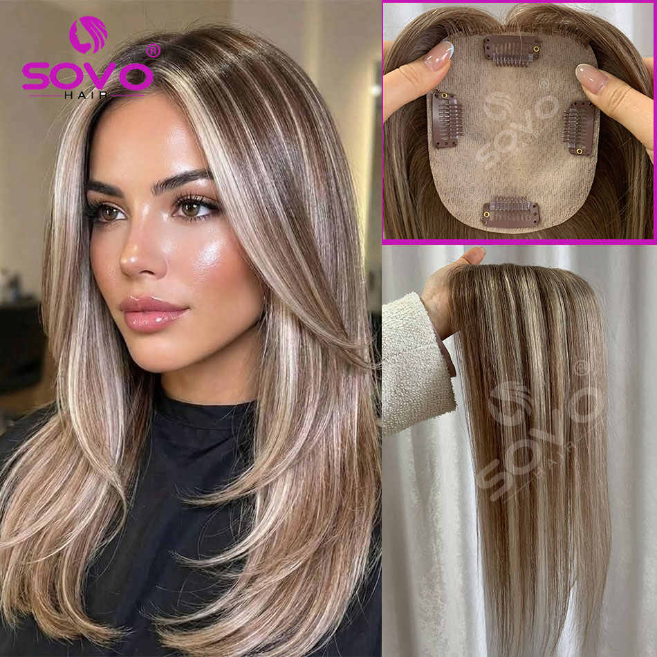 Topper de Cabello Humano Liso con Reflejos para Mujer, 10x12CM, Base de Piel con 4 Clips, Cabello Humano Real Transpirable