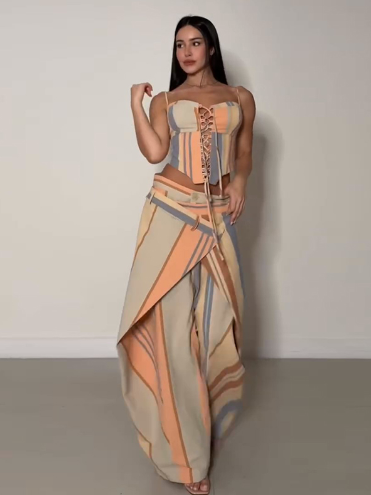Sexy Bedrucktes Bandage-Weste-Hosen-Set für Damen – Ärmelloses Sling-Crop-Top mit weitem Bein und Kaskaden-Design – Zweiteiliges Set für den Sommer 2026