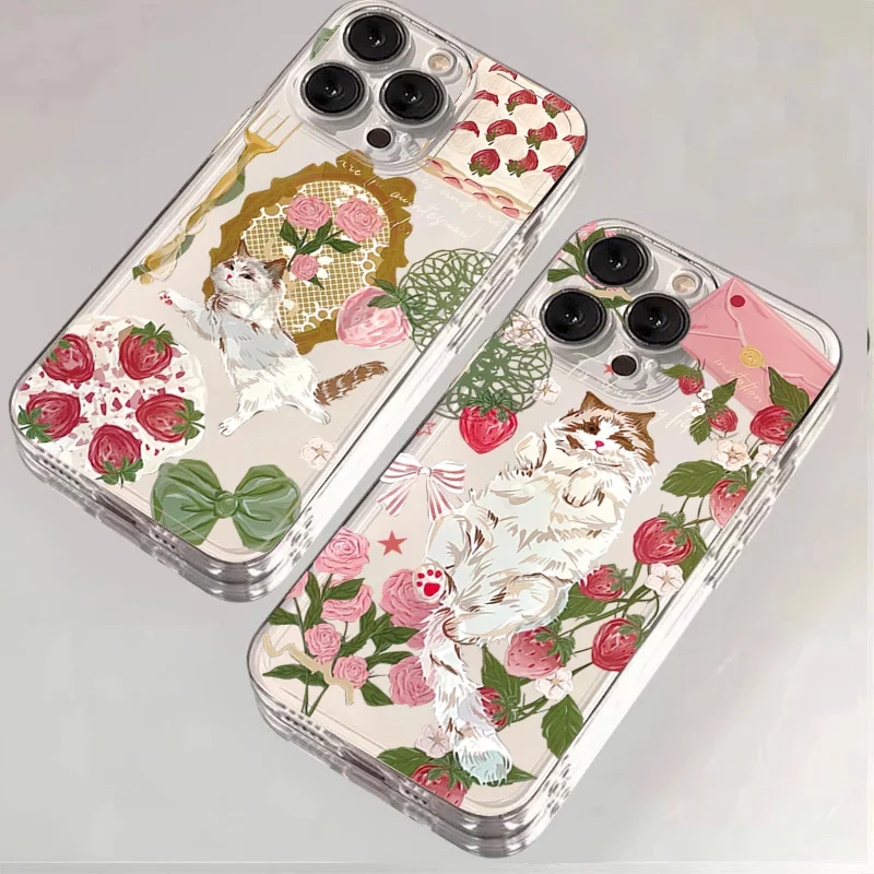 Coque de téléphone chat fraise Rose peint coréen, étui transparent pour iPhone 16E 17 16 15 14 Pro Max Air 11 12 13 Mini X XS XR 7 8 Plus