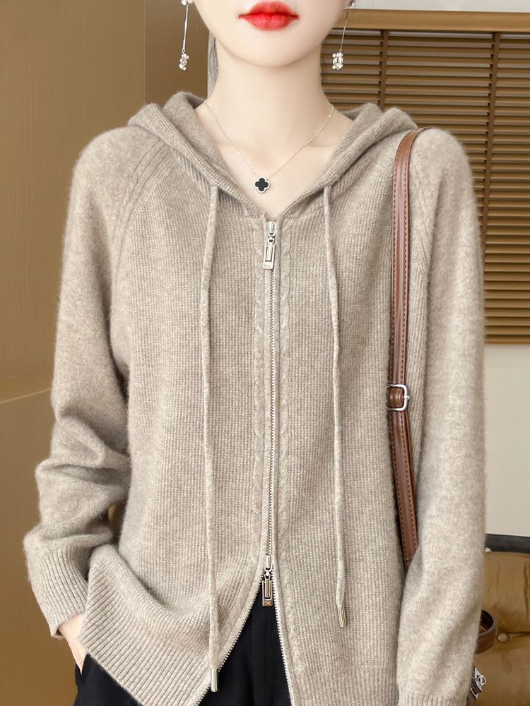 Autunno Inverno 100% lana merino maglione cardigan cerniere con cappuccio da donna manica raglan maglieria in cashmere abbigliamento casual chic top