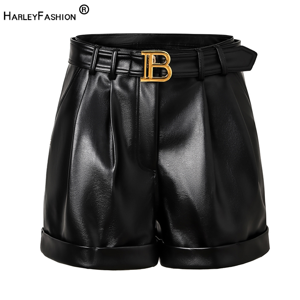 Neue herbst kollektionen hochwertige pu leder schwarze frauen shorts mit gürtel all-mtach lässige frauen kleidung