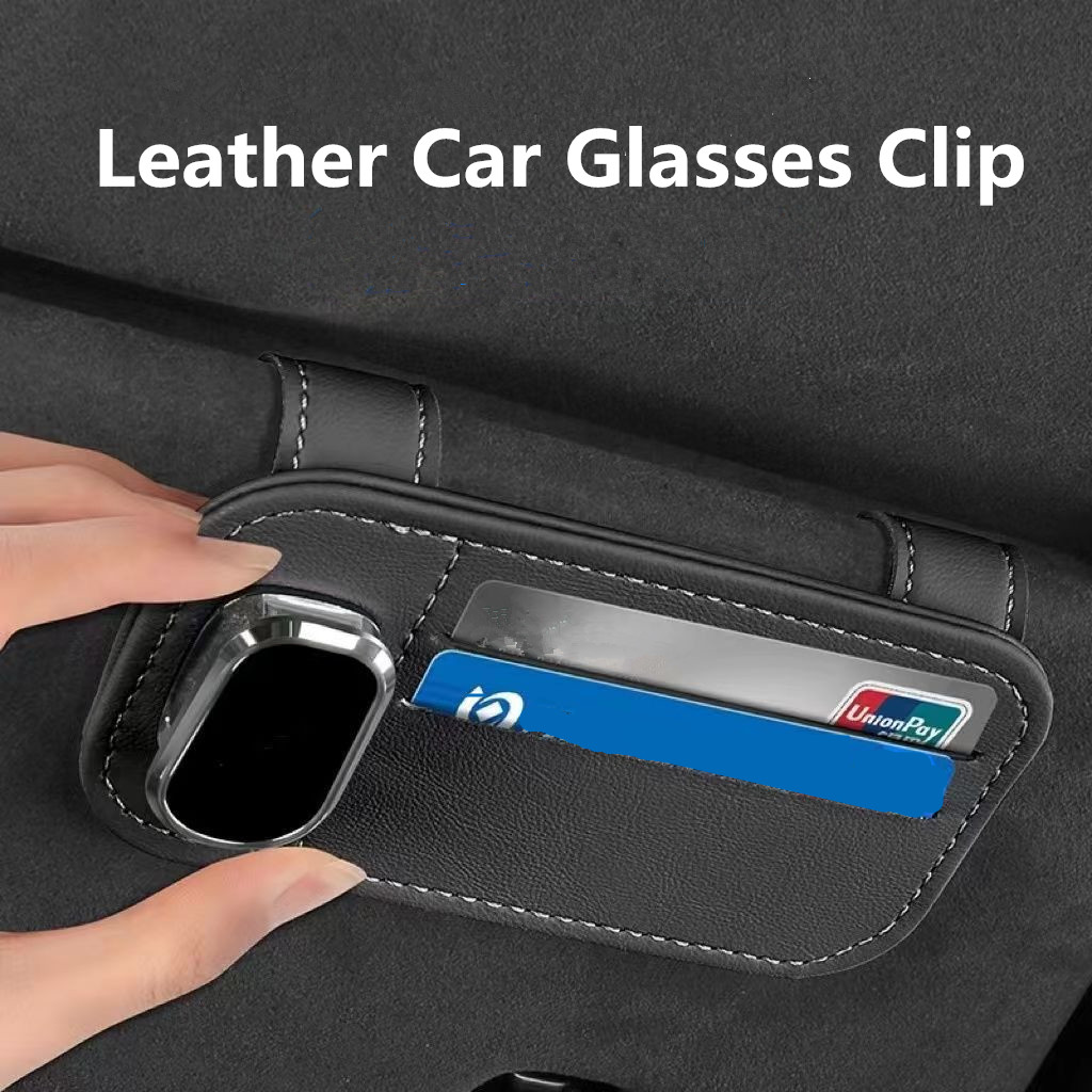 Multi-function Sunglasses Holder, Leather Glasses Holders for Car Sun Visor, Eyeglasses Hanger and Ticket Card Clip