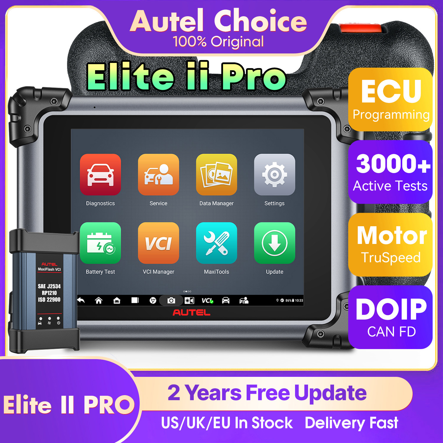 Autel MaxiSys Elite II Pro เครื่องสแกนเนอร์วินิจฉัยรถยนต์เครื่องมือ J2534 การเขียนโปรแกรม ECU ECU Coding มอเตอร์ TruSpeed สามารถ FD/DoIP Elite 2 Pro