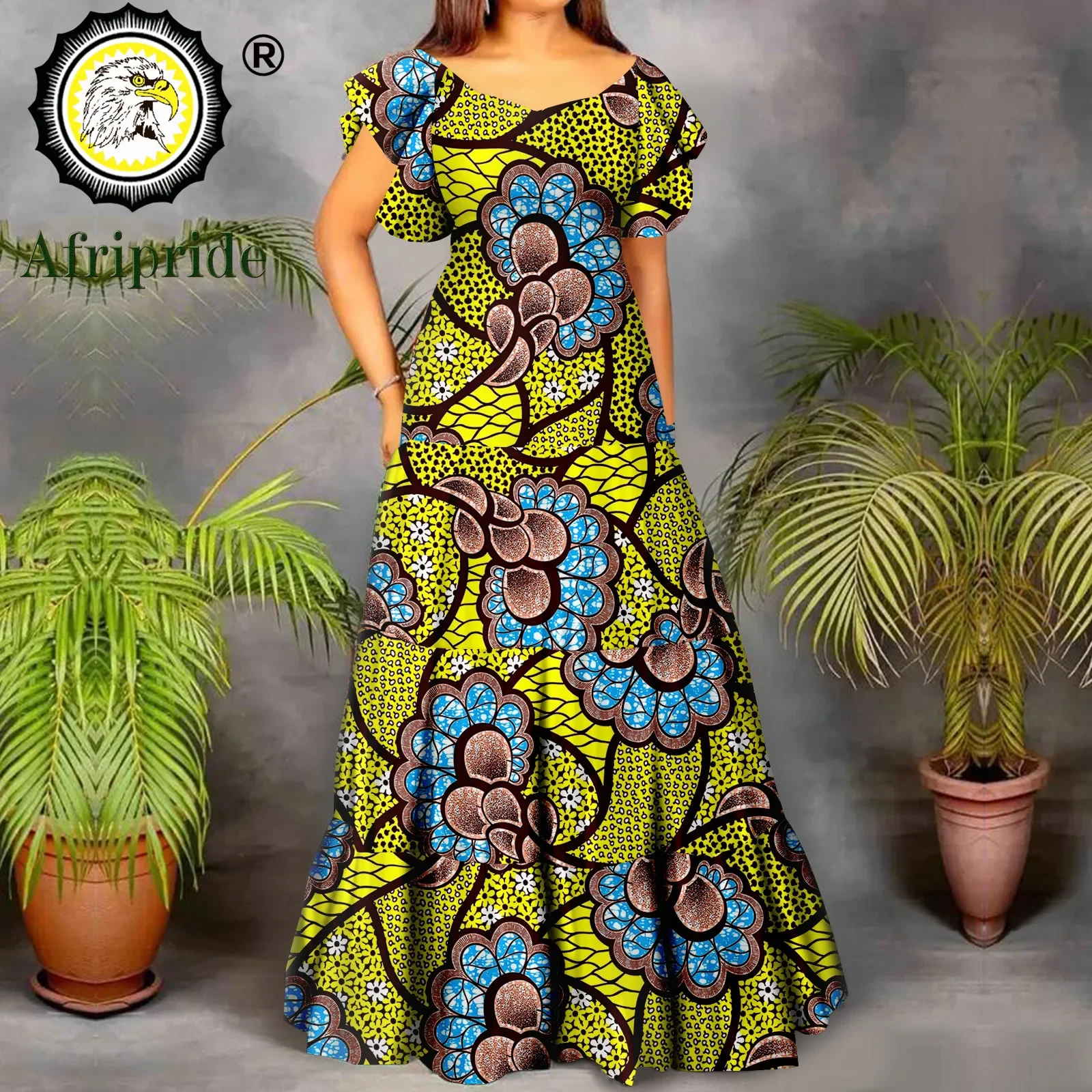 Afrikanische Kleider für Frauen, kurzärmelig, hohe Taille, Dashiki-Outfits, Ankara-Druck, Kleidung, Maxikleid, Party, Hochzeit, Abend A 2225021