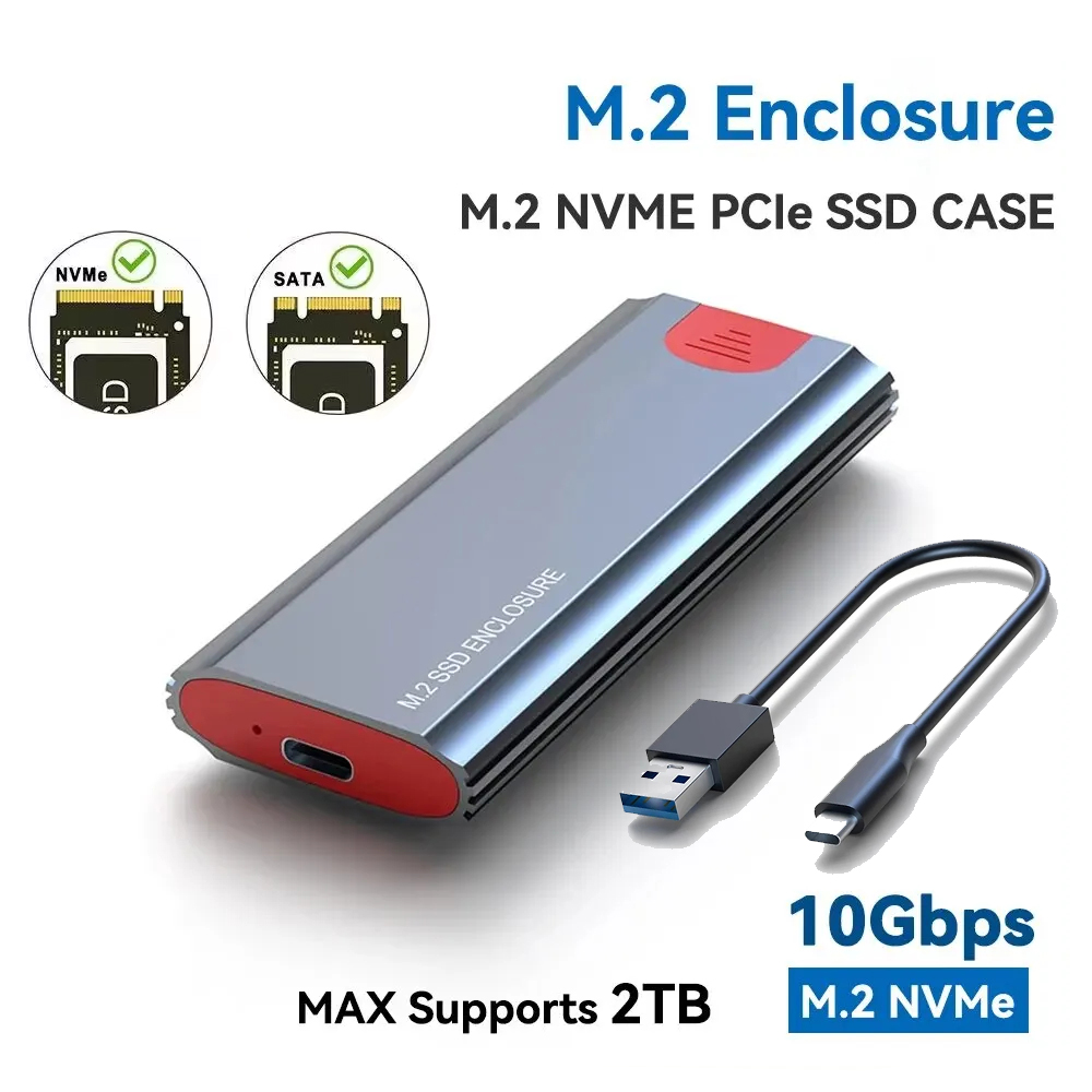 Caja M2 NVMe SATA SSD, caja SSD de 10Gbps, M.2 NVME NGFF SSD a USB 3,1, Cable tipo A a tipo C para accesorios de PC M.2 SSD