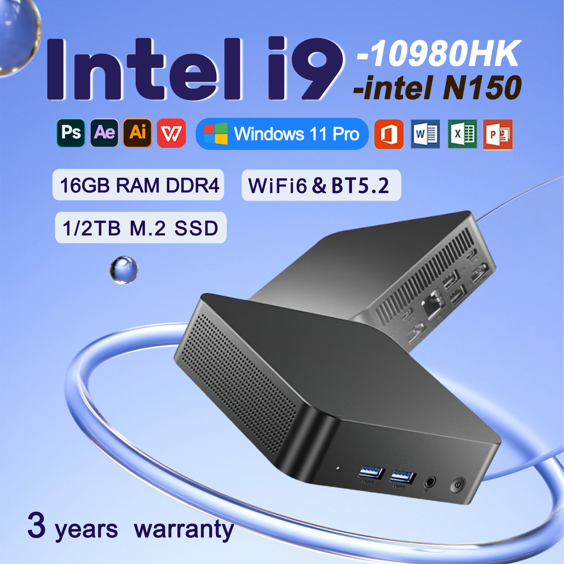 Mini PC con Windows 11, Intel Core i9 10980HK/Intel N150, 16GB DDR4, SSD de 2048GB, WIFI 6, BT5.2, Mini PC para juegos