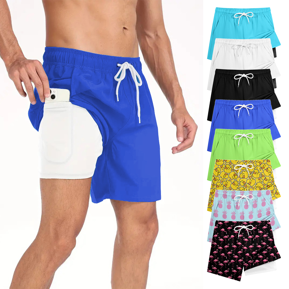 Shorts masculinos de verão, secagem rápida, praia, respirável, com forro de compressão e bolso para telefone, cintura elástica, várias cores disponíveis