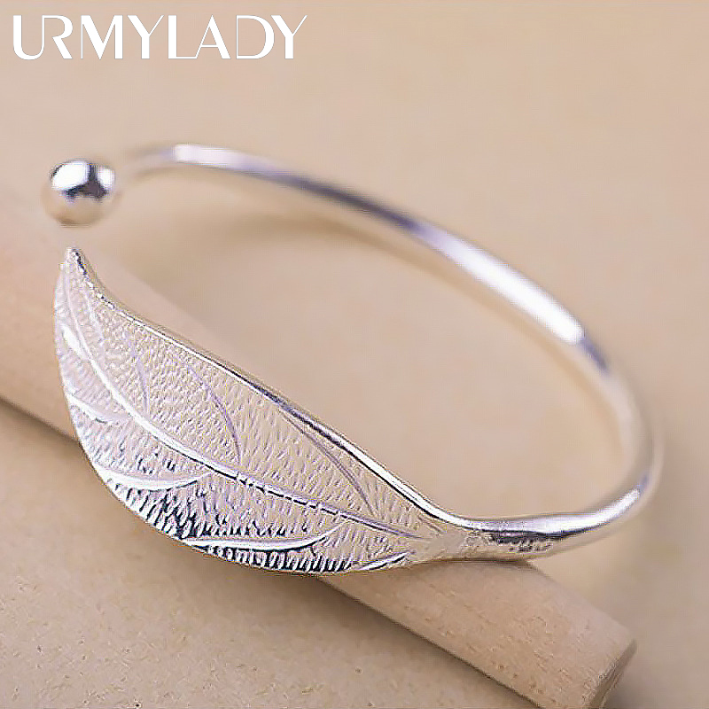 Brazalete de Plata de Ley 925 a la moda para mujer, brazalete ajustable con forma de hoja abierta, joyería de fiesta para niñas, regalos de navidad