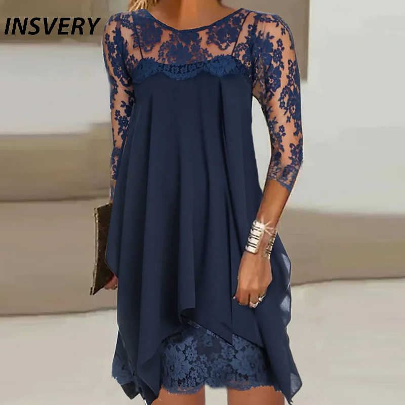Vestido de fiesta elegante para mujer, minivestidos de retazos de encaje con cuello redondo, vestido holgado de manga 3/4 a la moda 2023