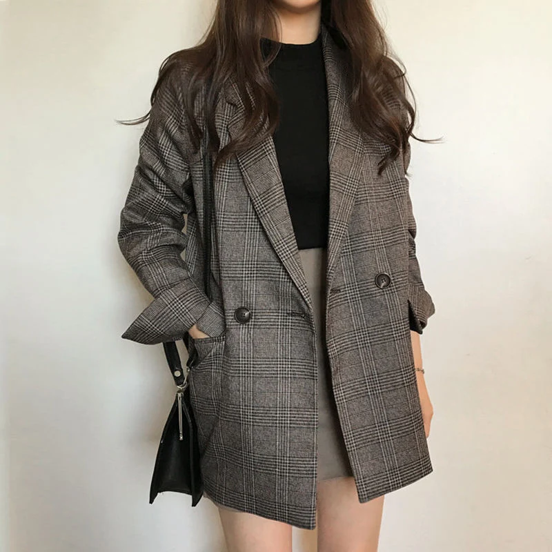ผู้หญิงฤดูหนาวลายสก๊อตเสื้อเกาหลีแฟชั่น Elegant หนาเสื้อแจ็คเก็ตหญิงคู่ Office Lady Long Overcoat