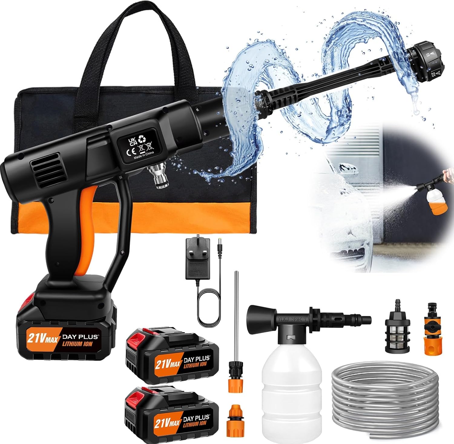 เครื่องฉีดน้ําแรงดันสูงไร้สาย 21V 45 บาร์แบบพกพาเครื่องฉีดน้ําแรงดันสูง 2PCS แบตเตอรี่ 6-in-1 หัวฉีดปรับความดันทําความสะอาด