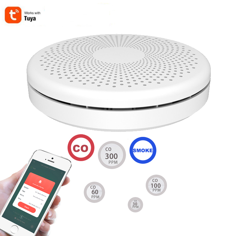 Versión 2 en 1 WiFi Tuya y Sensor Detector de humo Smart Life y Detector de gas Co de monóxido de carbono alarma de sonido de fuego de humo