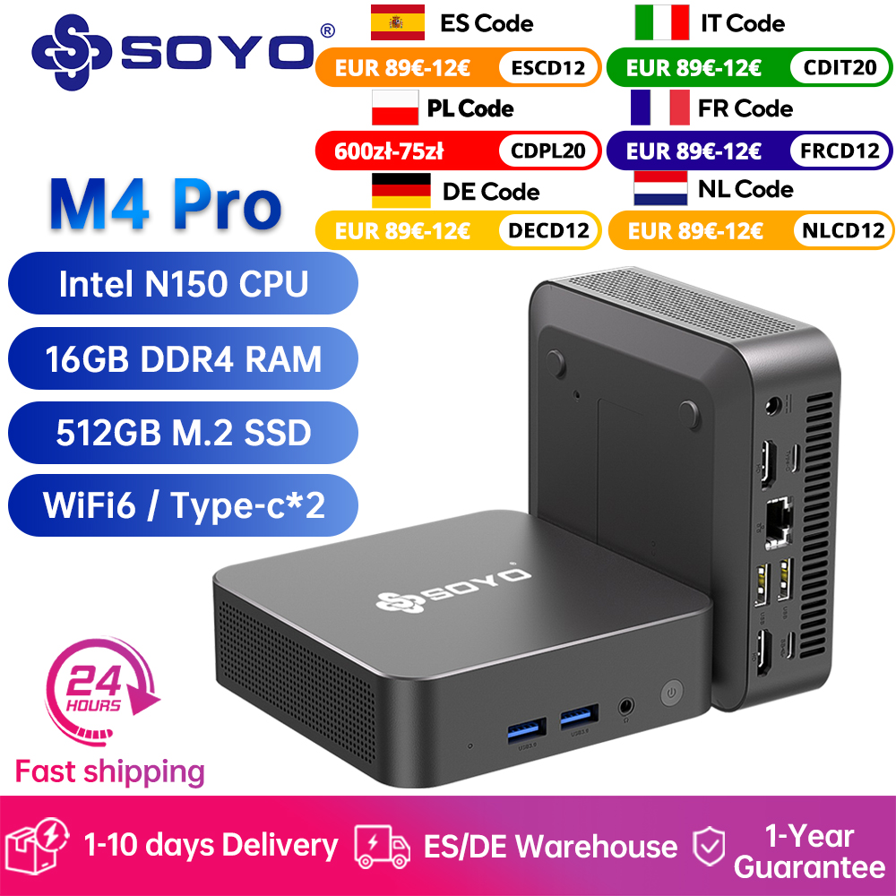 Soyo M4 Pro Mini Pc Intel Alder Lake N150 16Gb Ddr4 512Gb Ssd Wifi 6 Bt5.2 Win11 Pro Draagbare Mini Desktop Draagbare Computer
