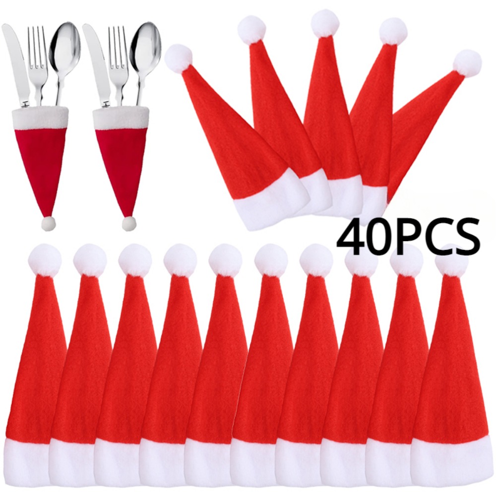 40 pçs mini chapéu de natal talheres faca garfo armazenamento titular sacos feliz natal festa jantar garrafa vinho chapéus de natal decorações