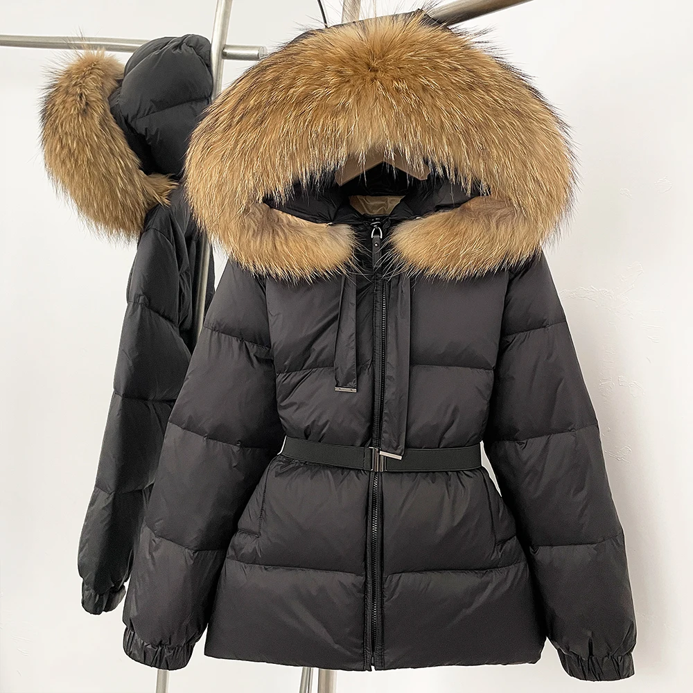 Oftbuy jaqueta de pele de guaxinim natural pato branco para baixo casaco roupas de inverno feminino gola de pele real com capuz moda puffer jaqueta feminina