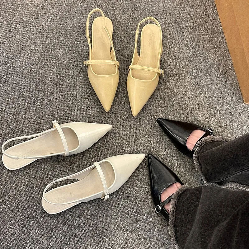 Sandalias planas francesas para Mujer, Zapatos De hadas, calzado puntiagudo con diamantes, temperamento, color negro, primavera y verano, 2025