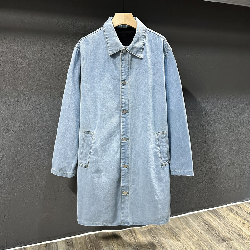 Nowa wiosna jesień moda Denim Trench Men Casual Windbreaker Coat Solid Color Long Mens Turn Down Collar Jackets Odzież wierzchnia Man