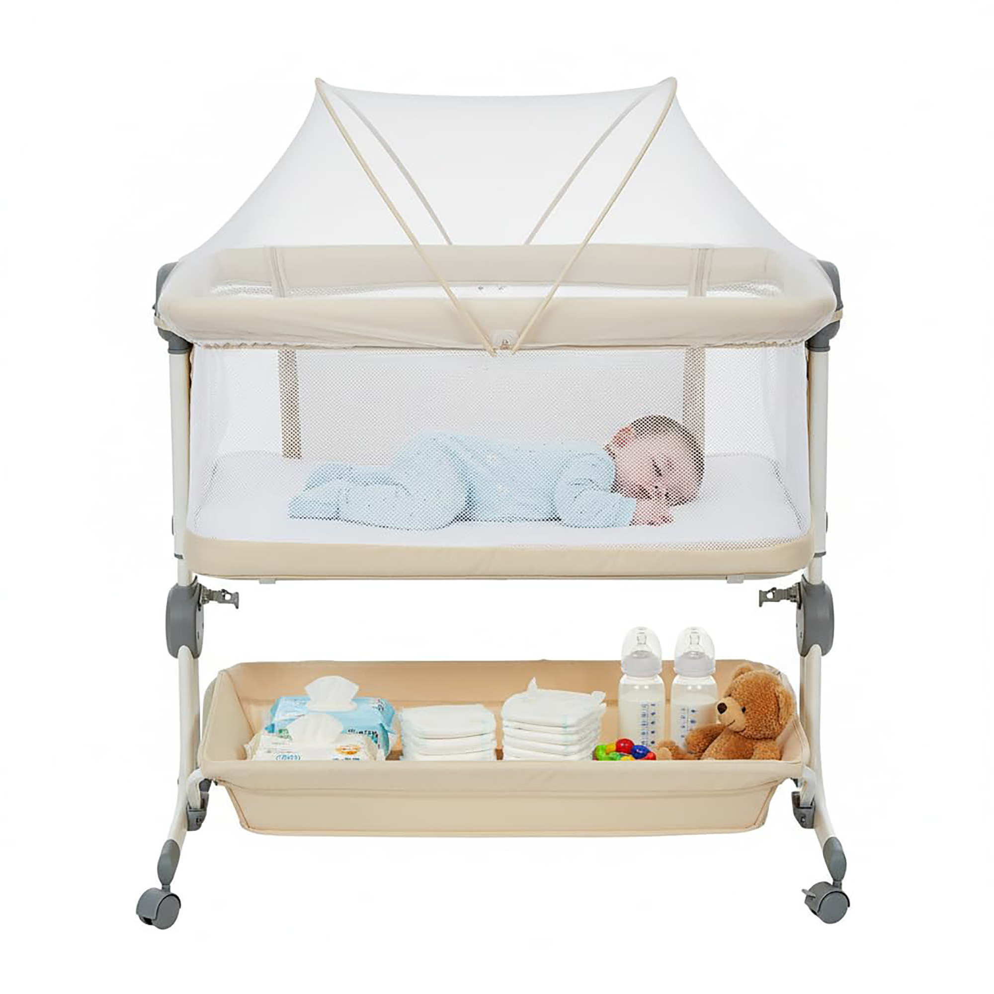 3-in-1 Baby-Beistellbett Tragbare Wiege Höhenverstellbarer Co-Sleeper Anti-Reflux Neugeborenen-Bett Moskitonetz Räder