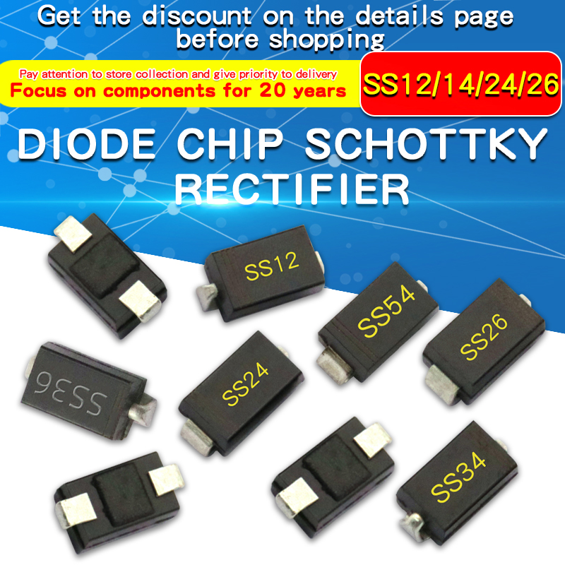Diode Schottky SMD SS12 SMA SS14 1N5819 SS24 SB240 SS26 SR260 SS54 1N5824 SS34 1N5822 SR360 SS36 SS110 SB1100 SS2200, 20 pièces