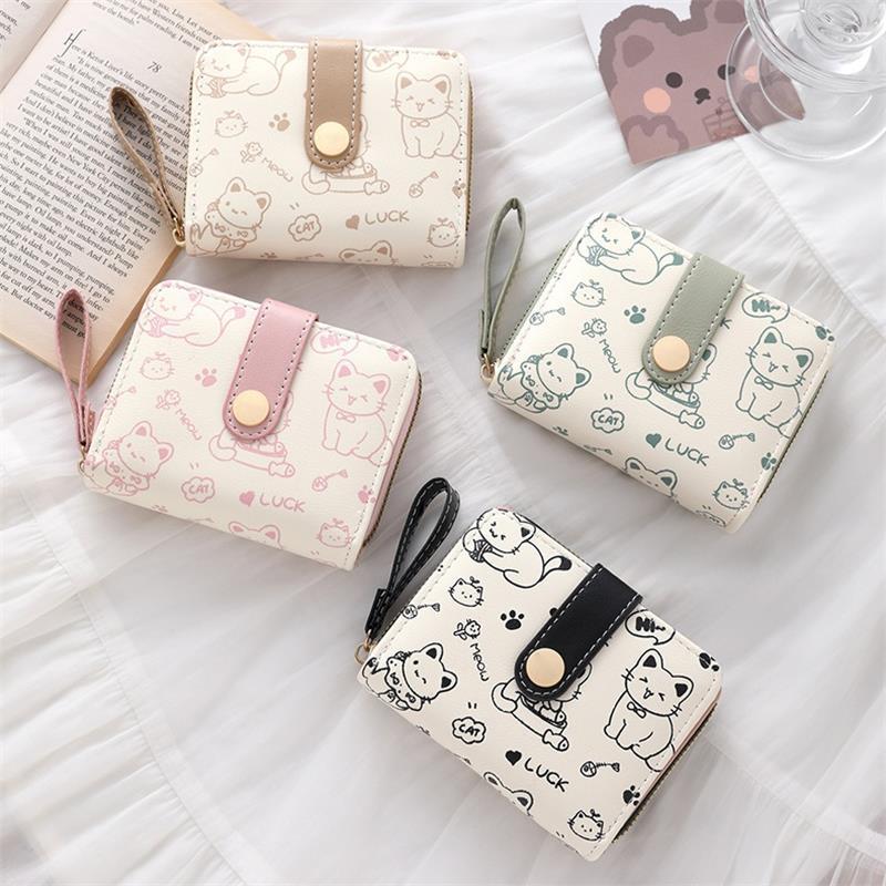 Nette Katze PU Leder Geldbörse Frauen Mode Kurze Brieftasche Falten Zipper Brieftasche ID Karte Halter Reise Leichte Bargeld Münze Taschen