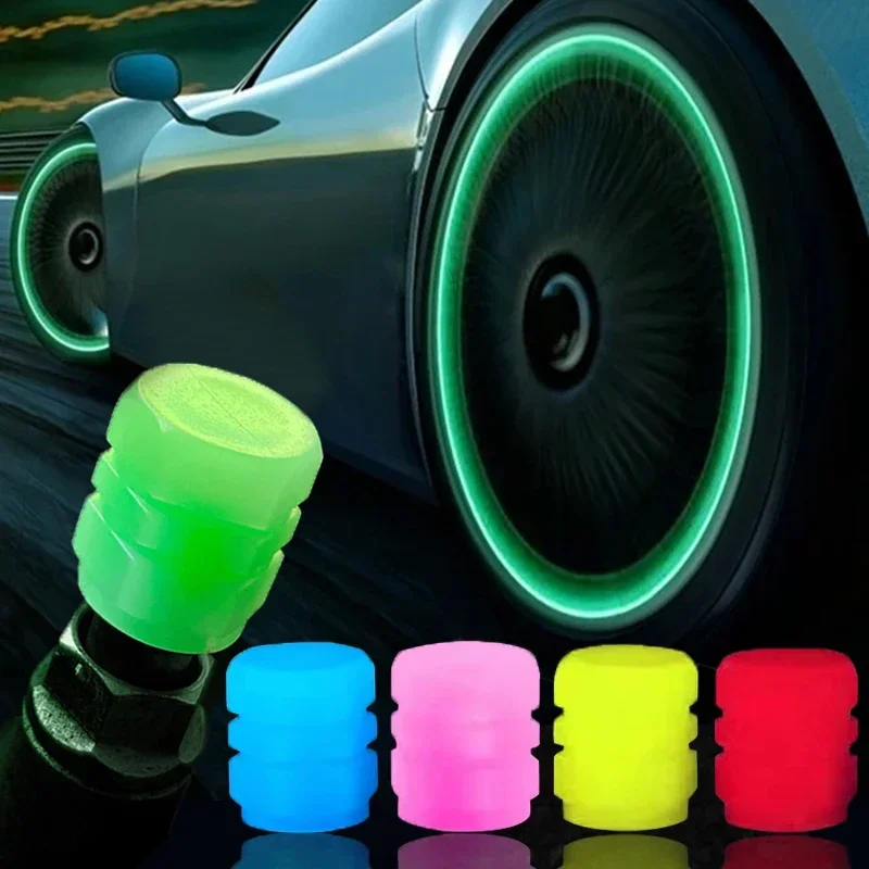 Tapas de válvula luminosas fluorescentes, verdes, azules, brillantes de noche, para coche, Moto, rueda de bicicleta, estilo, cubo de neumático, decoración de tapa Universal, 1/4 Uds.