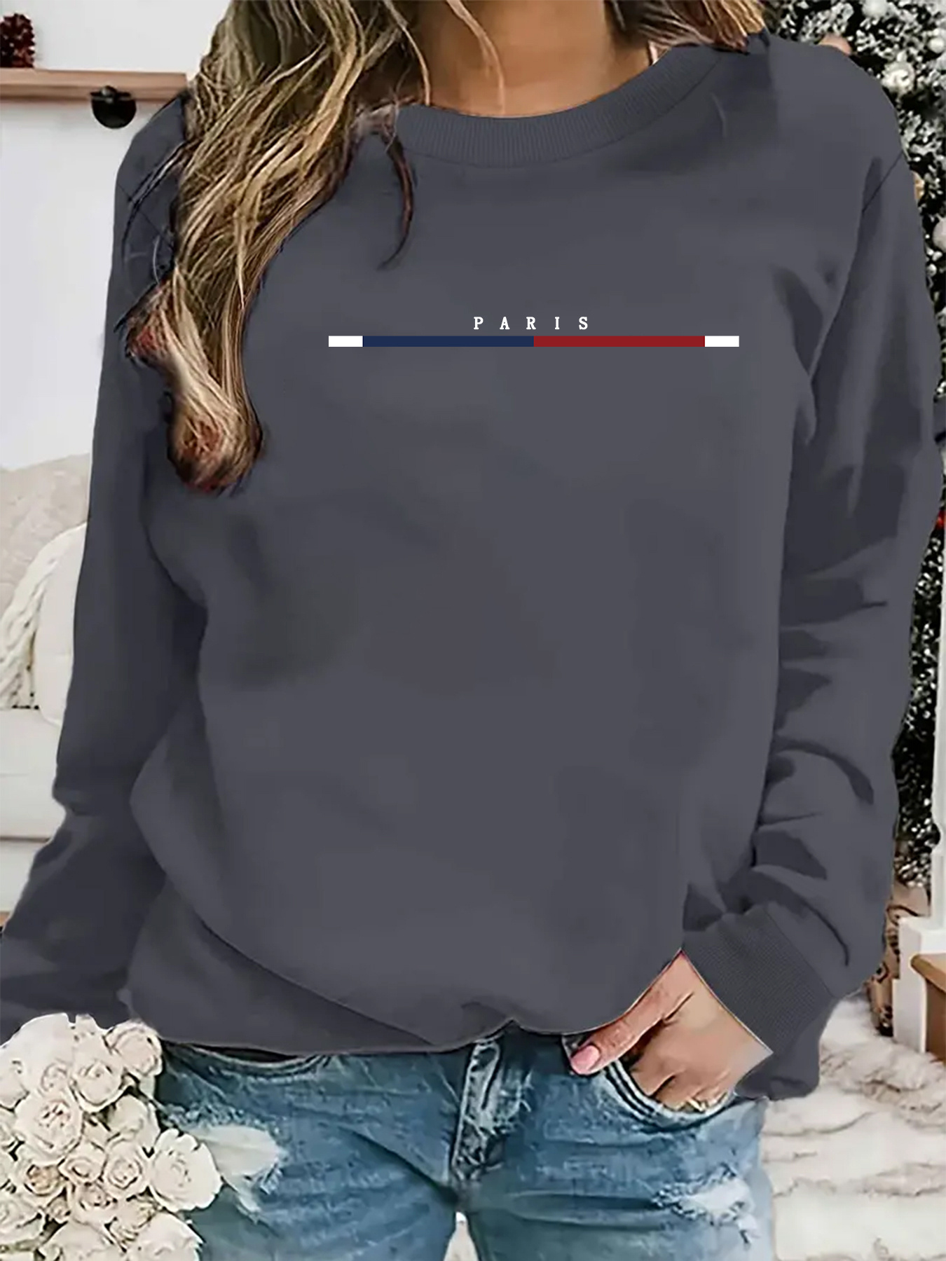 Sudadera holgada de París informal de manga larga para mujer, jersey cómodo de otoño e invierno con cuello redondo, ropa femenina holgada