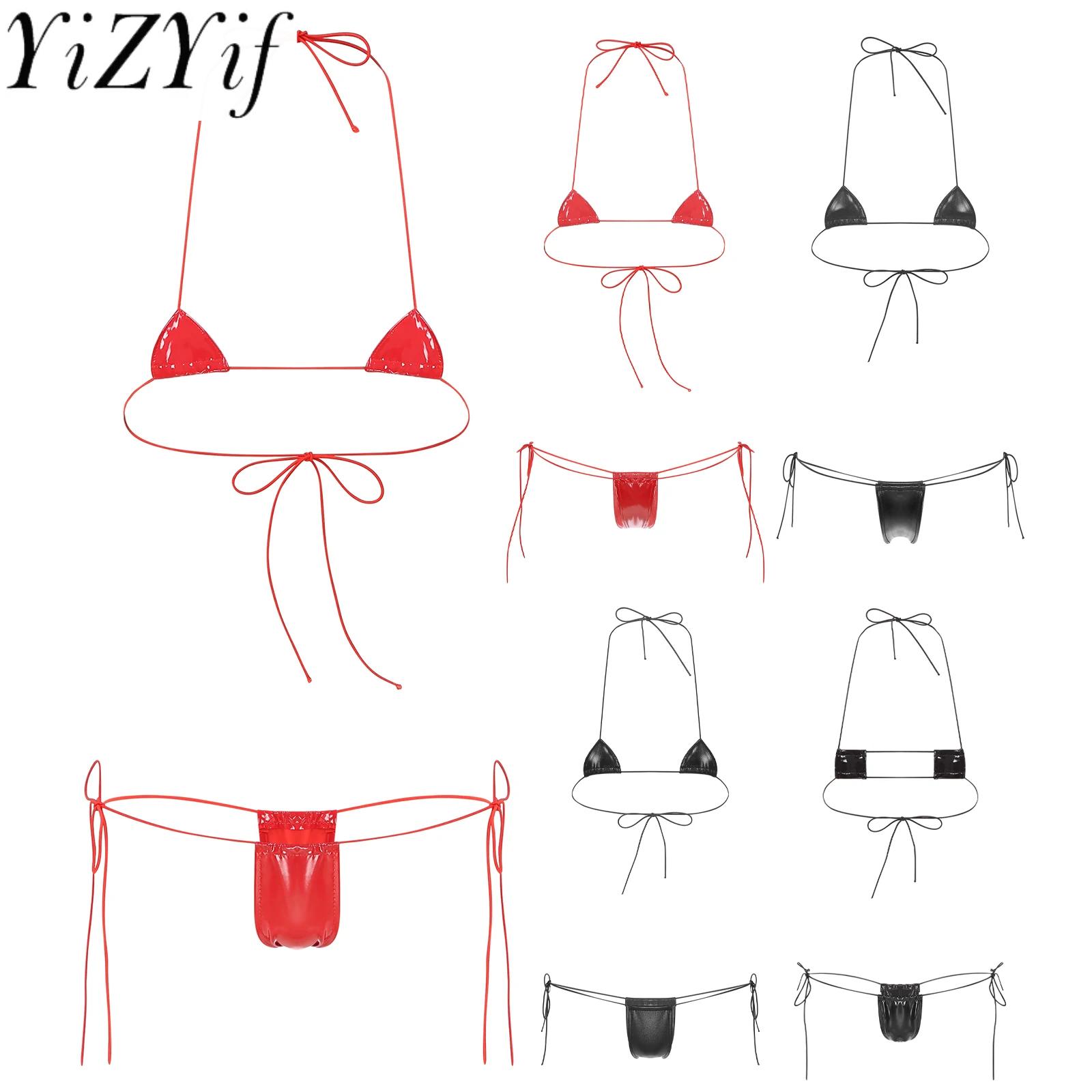 Conjunto de microbikini de charol con aspecto mojado para mujer, traje de lencería de dos piezas, sujetador con cordones y Tanga de tiro bajo para club nocturno
