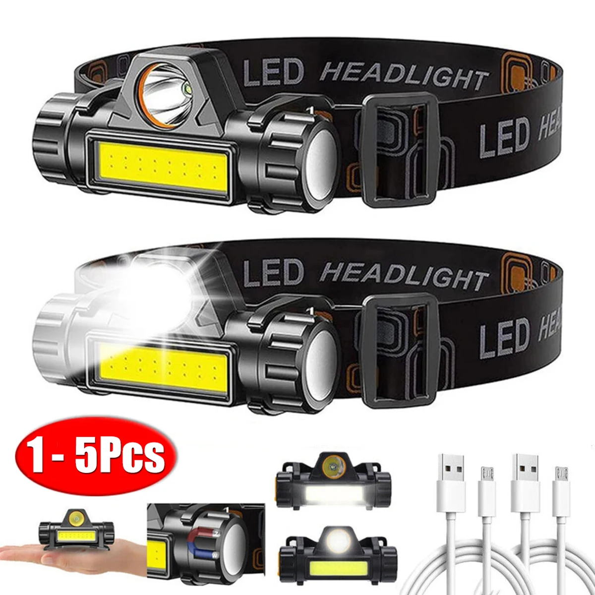 1-5PCS Wiederaufladbare COB LED Scheinwerfer Starke Magnetische Leistungsstarke Scheinwerfer Super Helle Wasserdichte Kopf Taschenlampe Für Outdoor Angeln