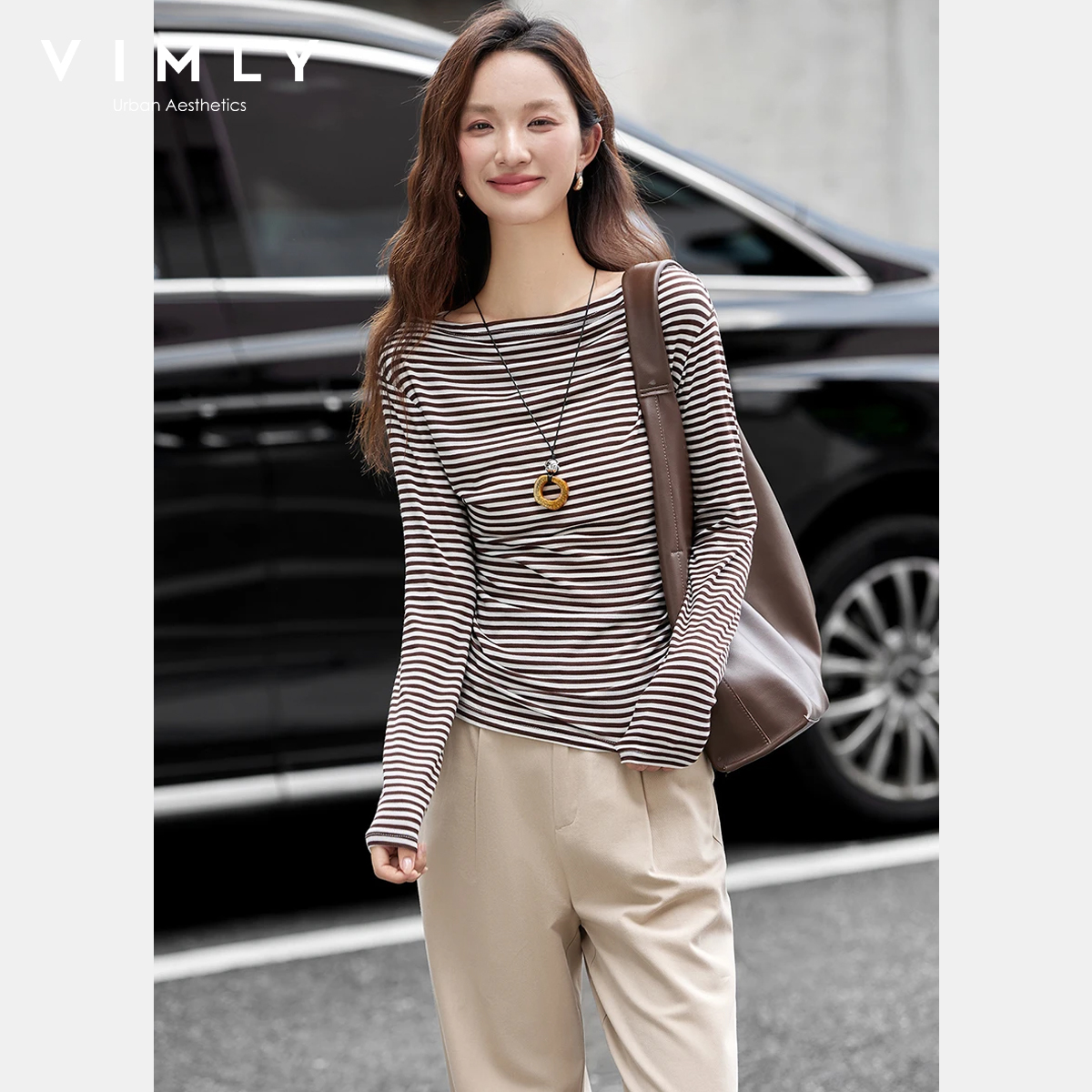 VIMLY Vintage Streep T-shirt Vrouwen 2026 Herfst Casual Slash Hals Tops Dames Lange Mouw Slim Fit Office Wear Vrouwelijke Tees A3039