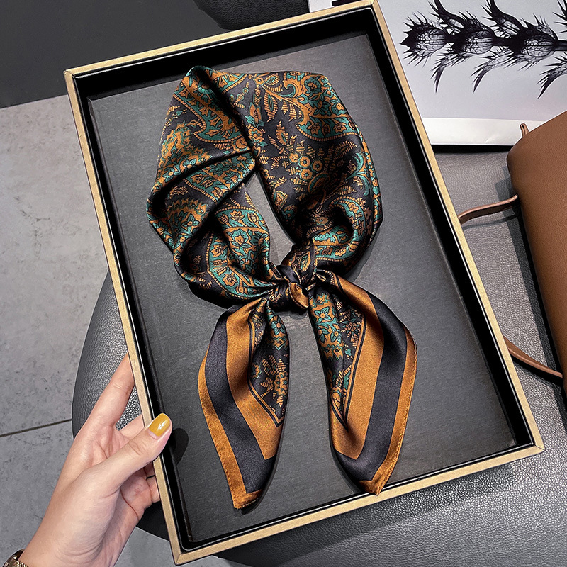 Imitação de seda impressa lenço quadrado lenço de cabeça feminino multifuncional acessórios de moda lenço de faixa de cabelo