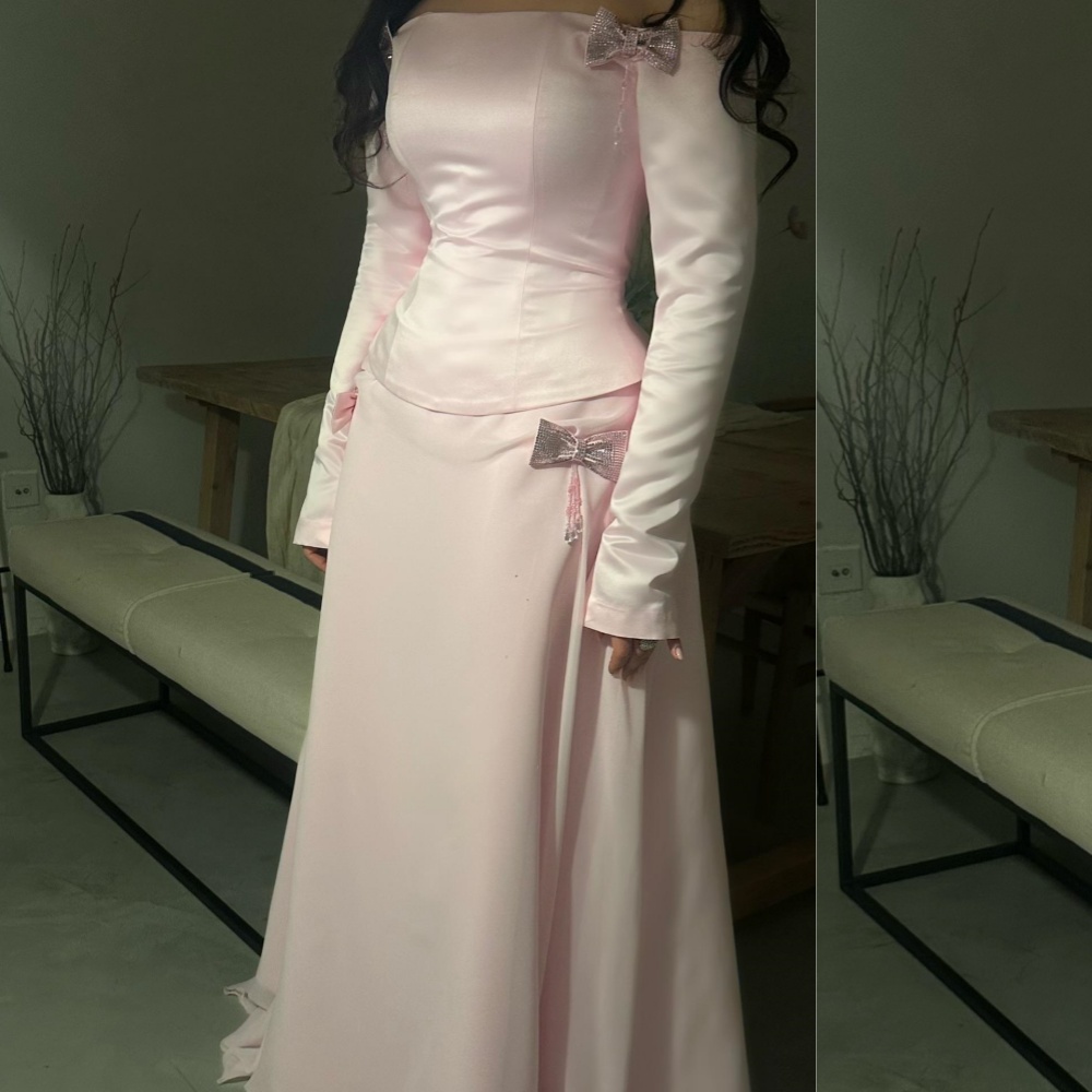 Customized Sparkle Charmeuse Pleat Sequined Bow A-line Off-the-shoulder Long Dresses Bespoke Occasion Fashion
