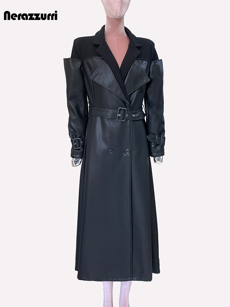 Nerazzurri Herbst Lange Schwarz Elegante Luxus Chic Woolen Patchwork Pu Leder Mantel Frauen Gürtel Zweireiher Runway Fashion