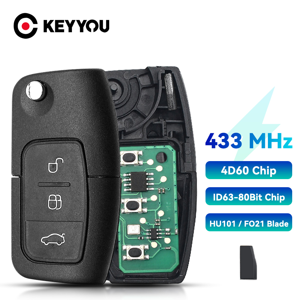 KEYYOU 4D63/4D60 Chip llave remota de coche DIY 433MHz para Ford Fusion Focus Mondeo Fiesta Galaxy sin cortar HU101 hoja llave abatible para vehículo