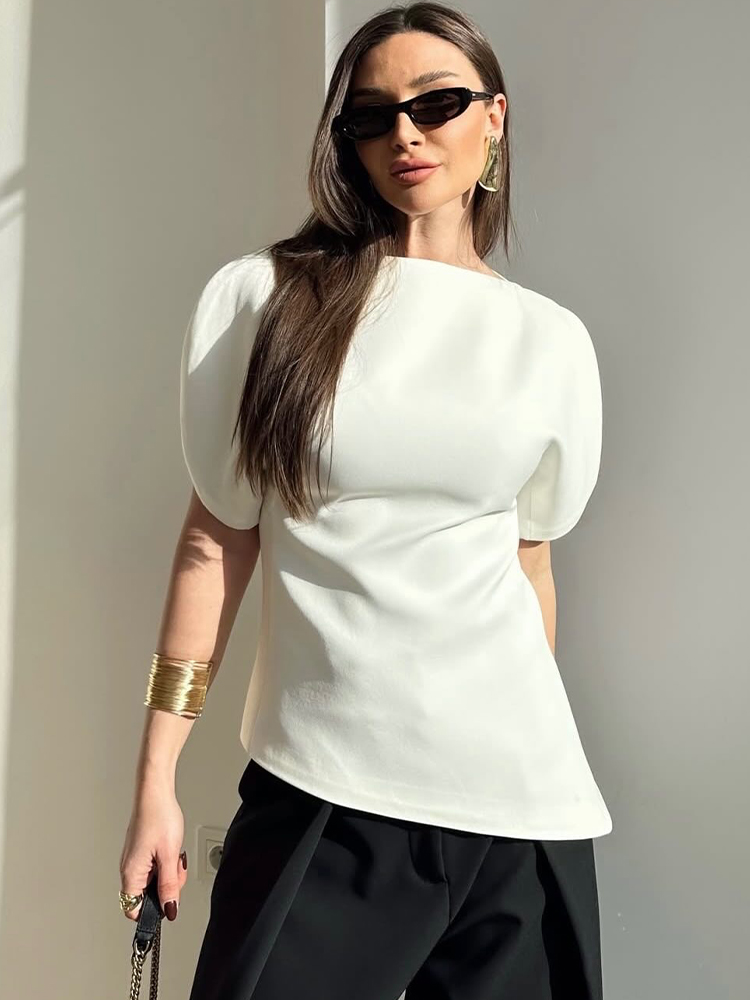 SLTNX Damen Elegante Vintage Bluse mit Kurzen Puffärmeln, O-Ausschnitt und Asymmetrischem Saum - 2026 Frühling Sommer Y2K Streetwear Top