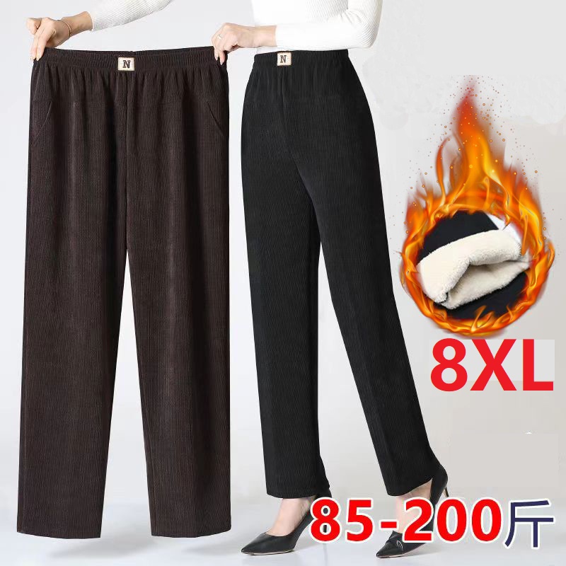 Women Trousers New Elastic High Waisted Corduroy Pants Loose Autumn Casual Pants Female Winter Fleece Warm Straight Pants 7XL8XL