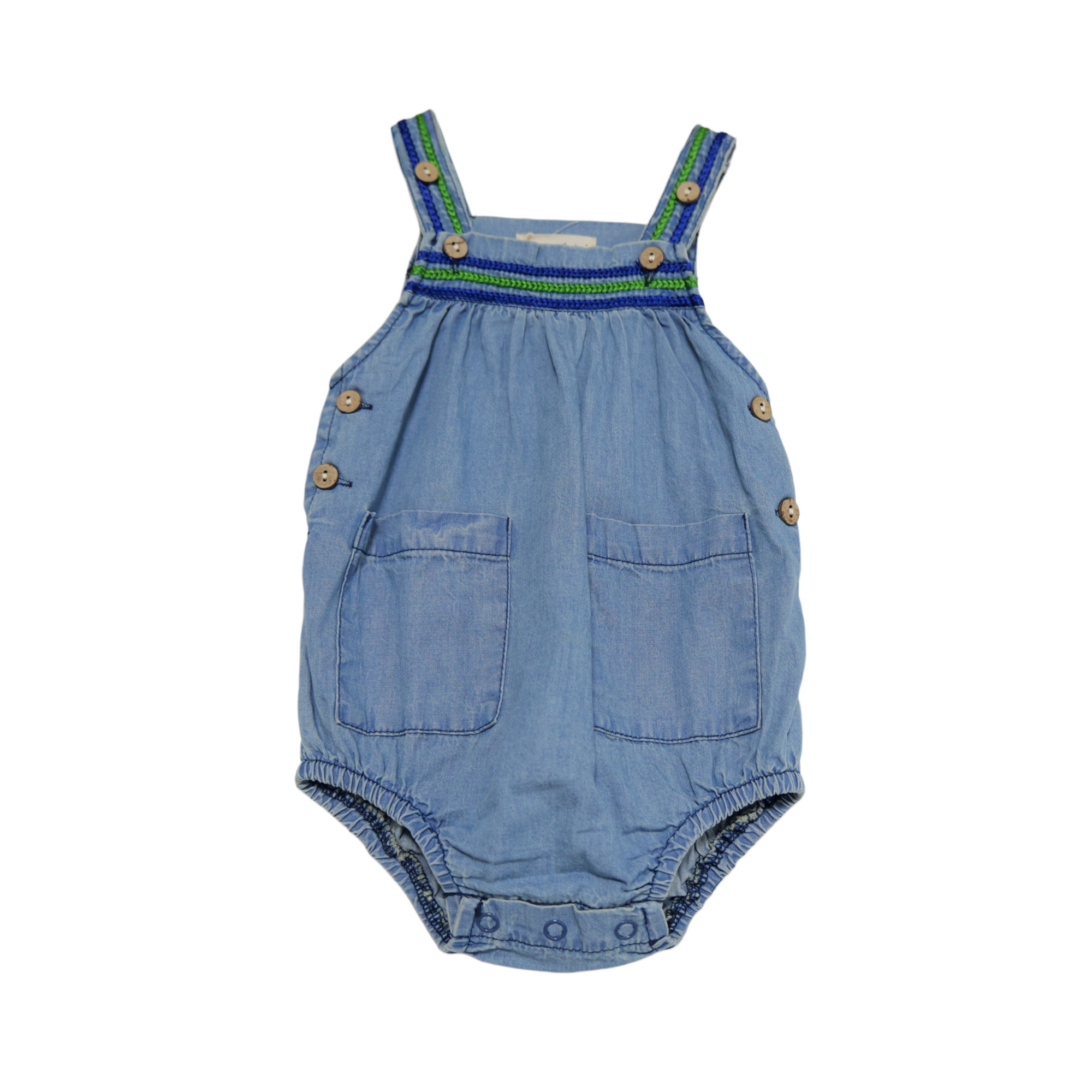 Macacão Vintage Azul para Bebê Menino com Alças Multicoloridas, Macacão Sem Mangas para Recém-Nascidos, Ideal para o Verão com Bolso
