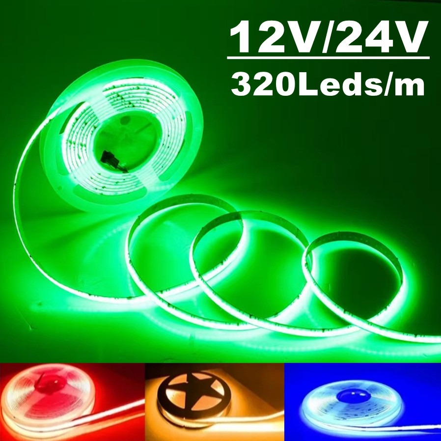 COB-High Density LED Strip Light, Iluminação Linear, Fita Flexível, Quente, Natural Branco, Vermelho, Azul, Verde, DC 12, 24V, 320LEDs por m