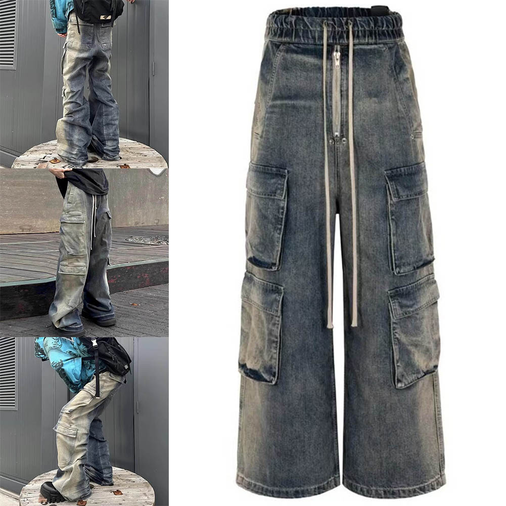 Pantalones multibolsillos para hombre, pantalones vaqueros con cordón y cintas degradadas, pantalones Cargo holgados de gran tamaño, ropa de calle holgada a la moda