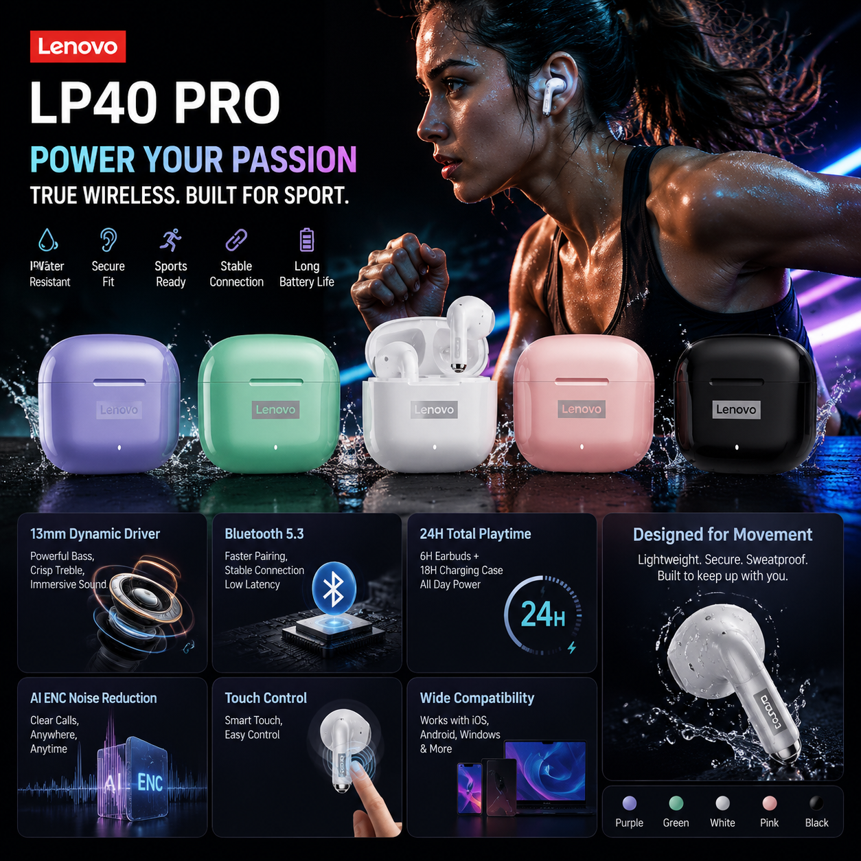新しい Lenovo LP40 Pro TWS Bluetooth 5.3 クイックコネクトイヤホン人間工学に基づいたデザインヘッドフォン強力な伝送速度ヘッドセット