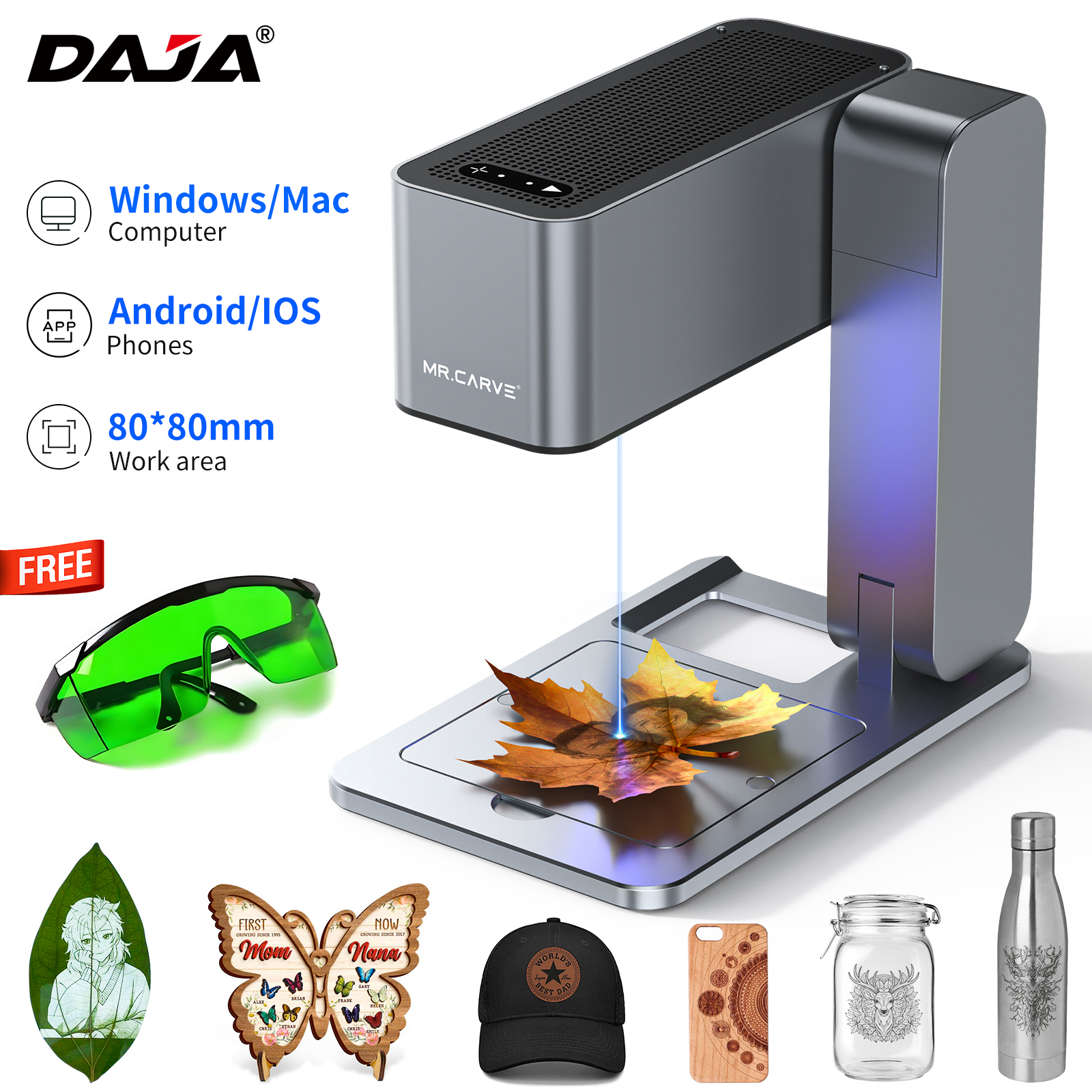 MR.CARVE C1 Laser Engraver Portable Laser Engraving Machine for Mobile APP Windows Mac Engrave leaves wood Plastic Painted Metal