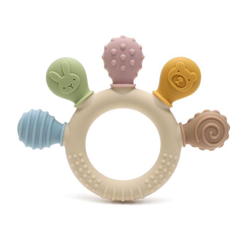 Nueva mano multicolor de silicona anillo para bebé mordedor ansiedad juguetes para la dentición 0-12 meses cuentas para masticar sensorial alivio de las encías chupete para bebé