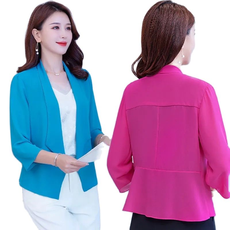 Nouvelle veste d'été en mousseline fine pour femme, protection solaire, manches courtes, style décontracté, coupe châle, longueur 9/10