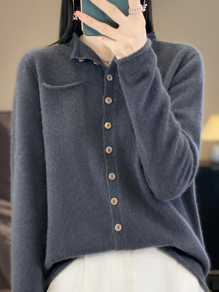 Nuove donne di moda maglione di cashmere 100% pura lana merino cardigan colletto arricciato primavera autunno abbigliamento femminile maglieria top