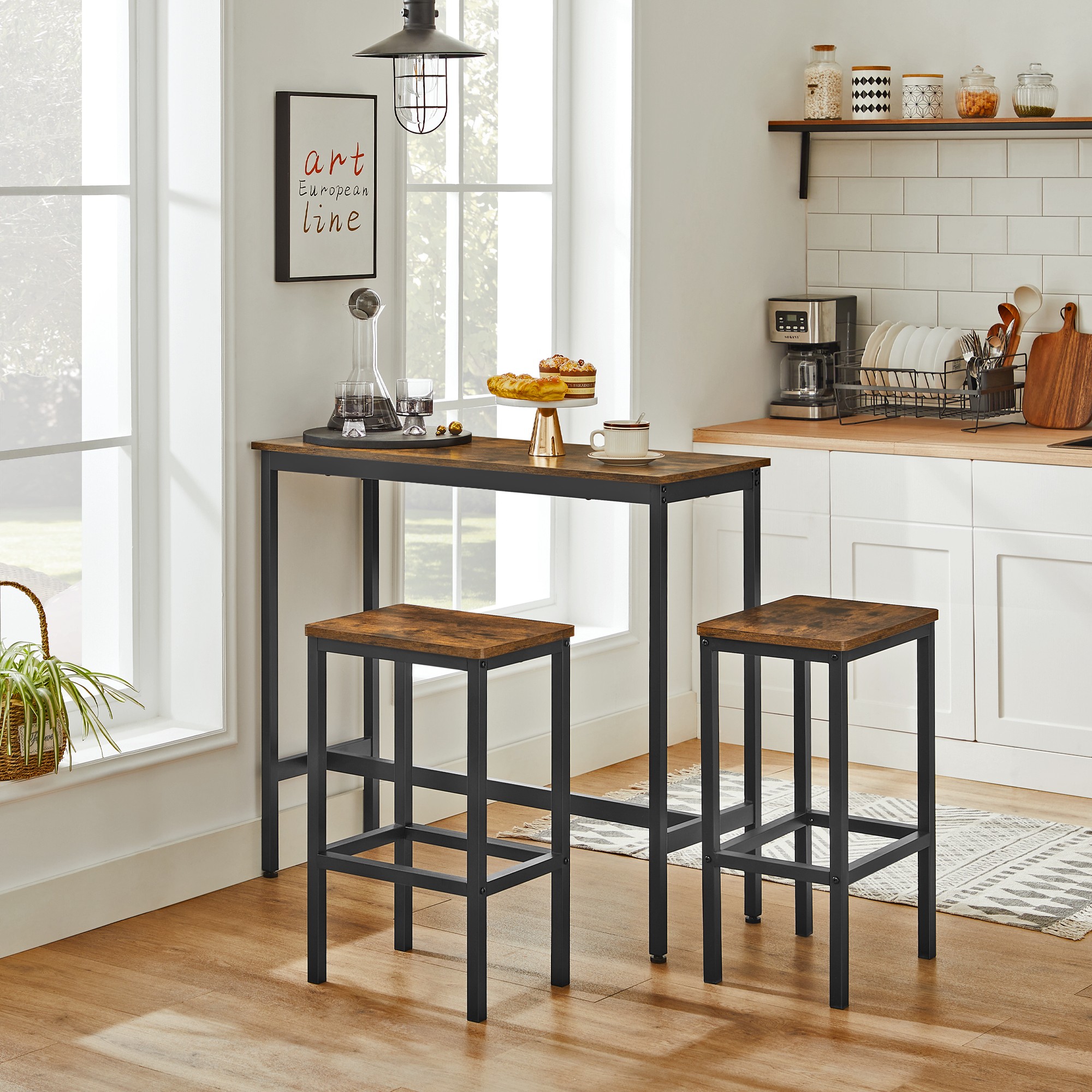 VASAGLE Dining Table Set, Bar Table with Stools, Breakfast Bar Table, 2 Stools, Industrial Steel Frame, Rustic Brown/Black