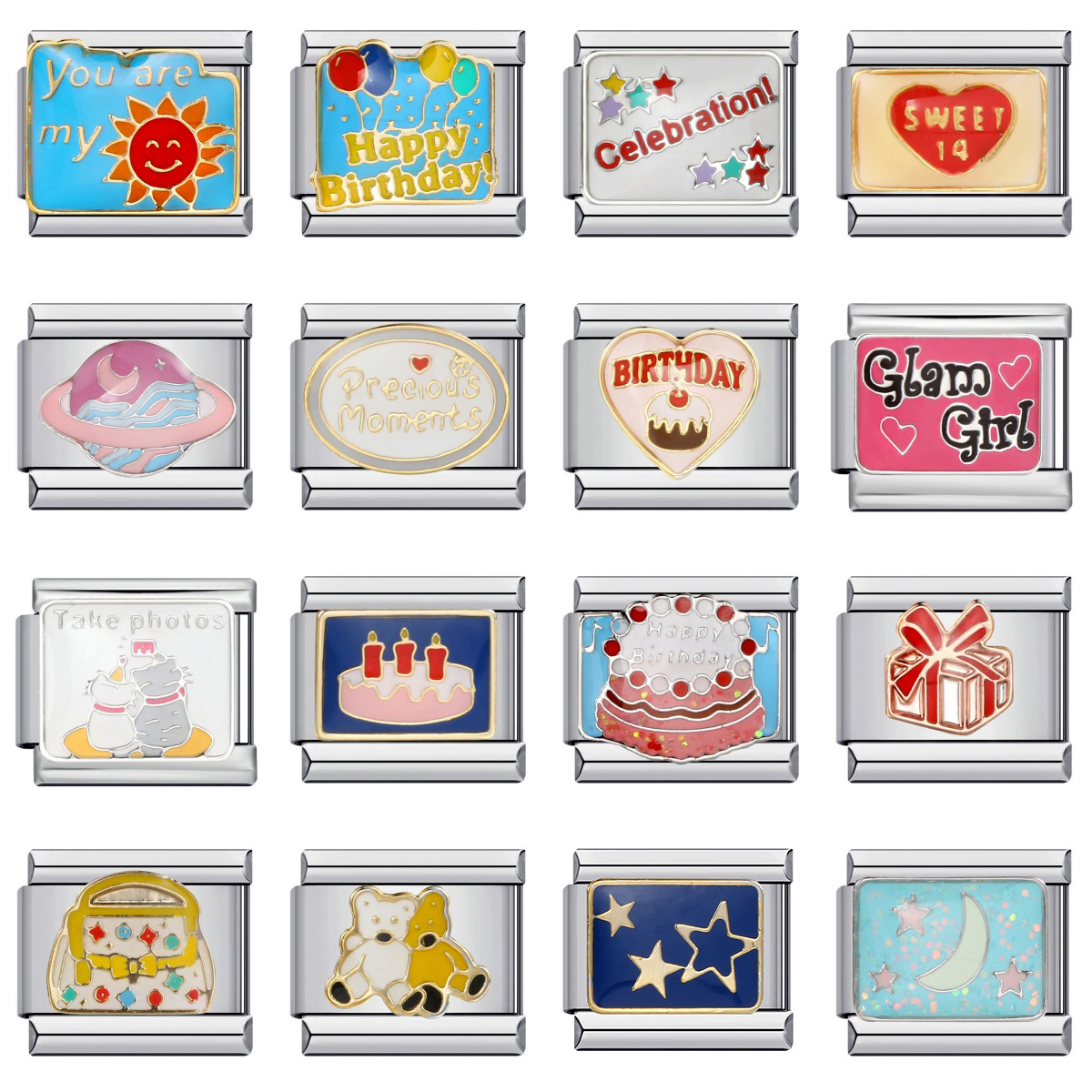 URING Y2k Cute Women Sweet Birthday Cake Gifts Bag Bear Italian Charm Link Fit 9mm Bracelets Stainless Steel DIY Jewelry