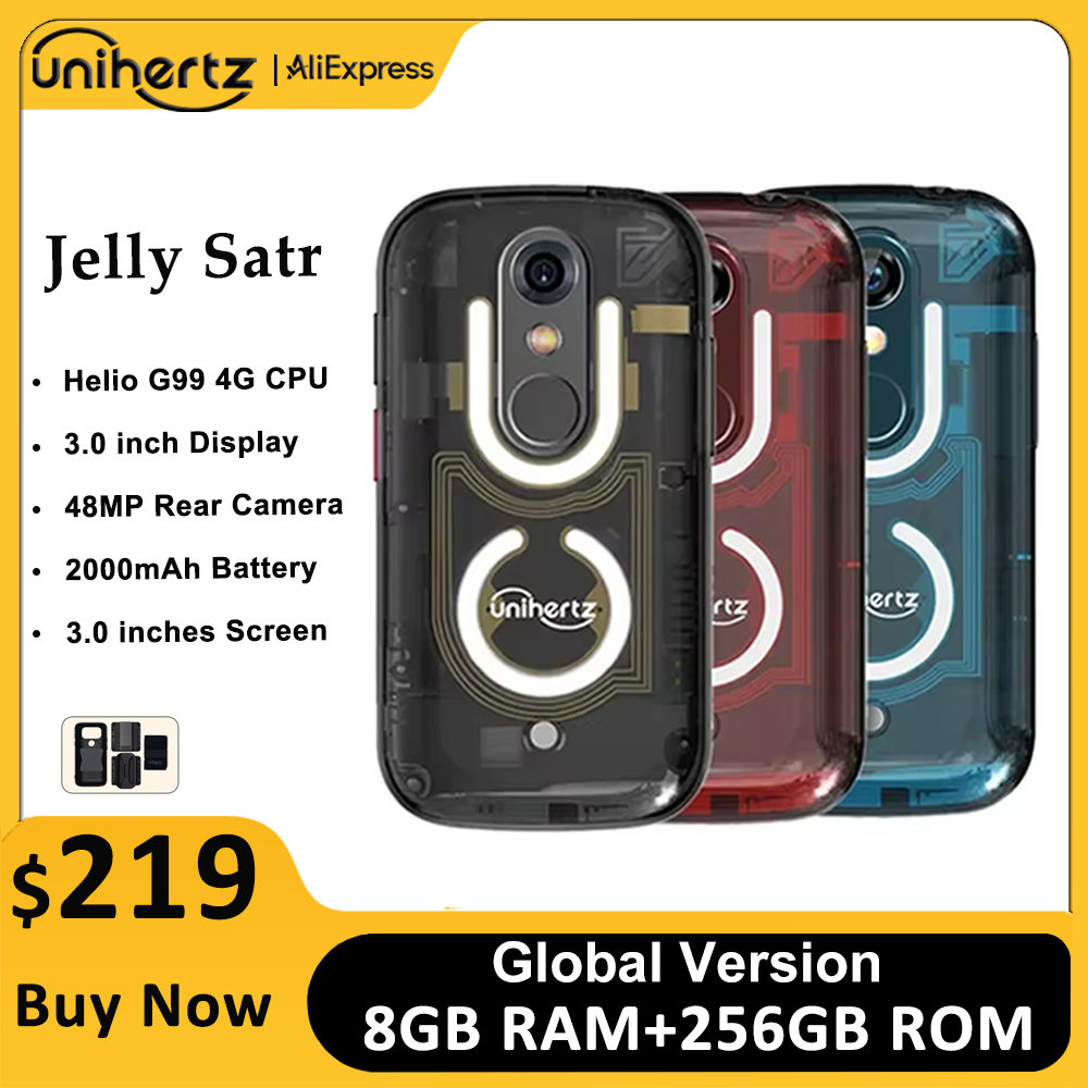 Мини-смартфон Unihertz Jelly Star, Android 13, 8 ГБ, 256 ГБ, светодиодная подсветка, разблокированная прозрачная задняя крышка, мобильные телефоны, 48 МП, 3-дюймовый телефон