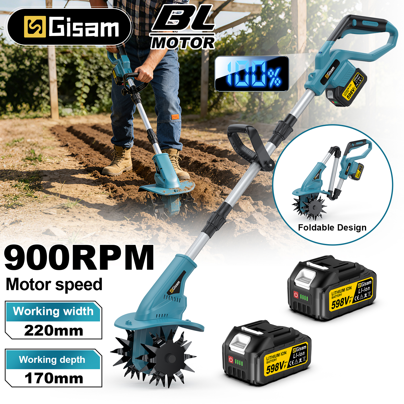 Cultivadora Eléctrica Inalámbrica Gisam, Cortadora de Césped, Rototiller para Cultivo de Suelo, Herramienta Eléctrica de Jardín para Batería Makita de 18v