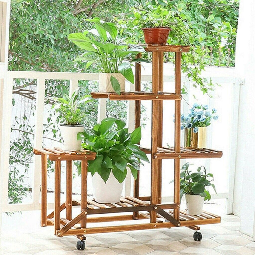 UNHO Pflanzenständer aus Holz mit Rädern, mehrschichtiges Rollpflanzen-Blumen-Display-Regal, für den Innenbereich, beweglicher Lagerregal-Halter für den Außenbereich