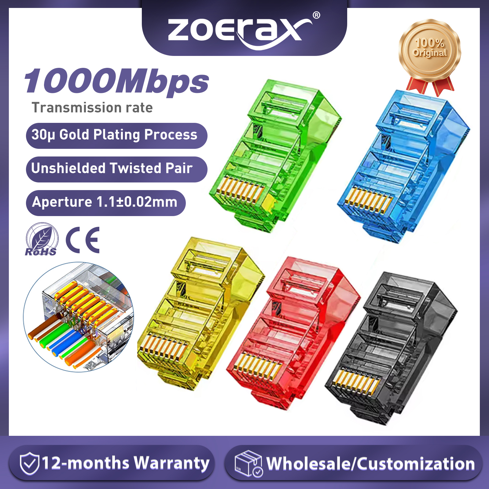 Conectores de passagem ZoeRax RJ45 Cat6, cores sortidas, plugue modular EZ para crimpagem para cabo de rede UTP sólido ou trançado