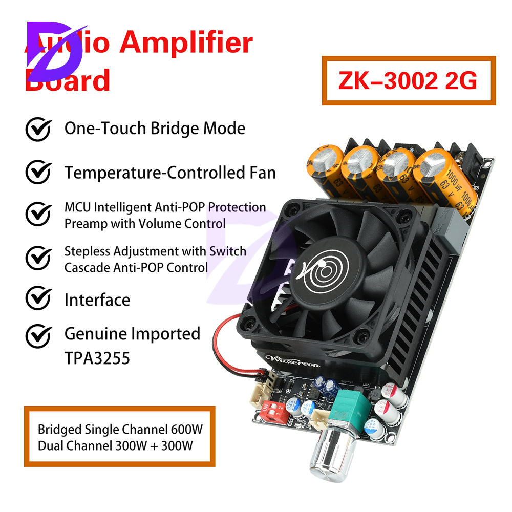 DC18-50V ZK-3002 2G Second-Generation Upgraded Pure Post Amplifier Board 300W+300W Dual Channel/600W Mono Amplifier Chip TPA3255